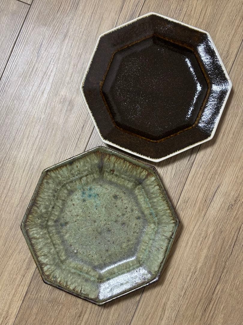 大沼道行 八角皿 Lサイズ 緑釉 黒釉 作家物 織部 ワンプレート
