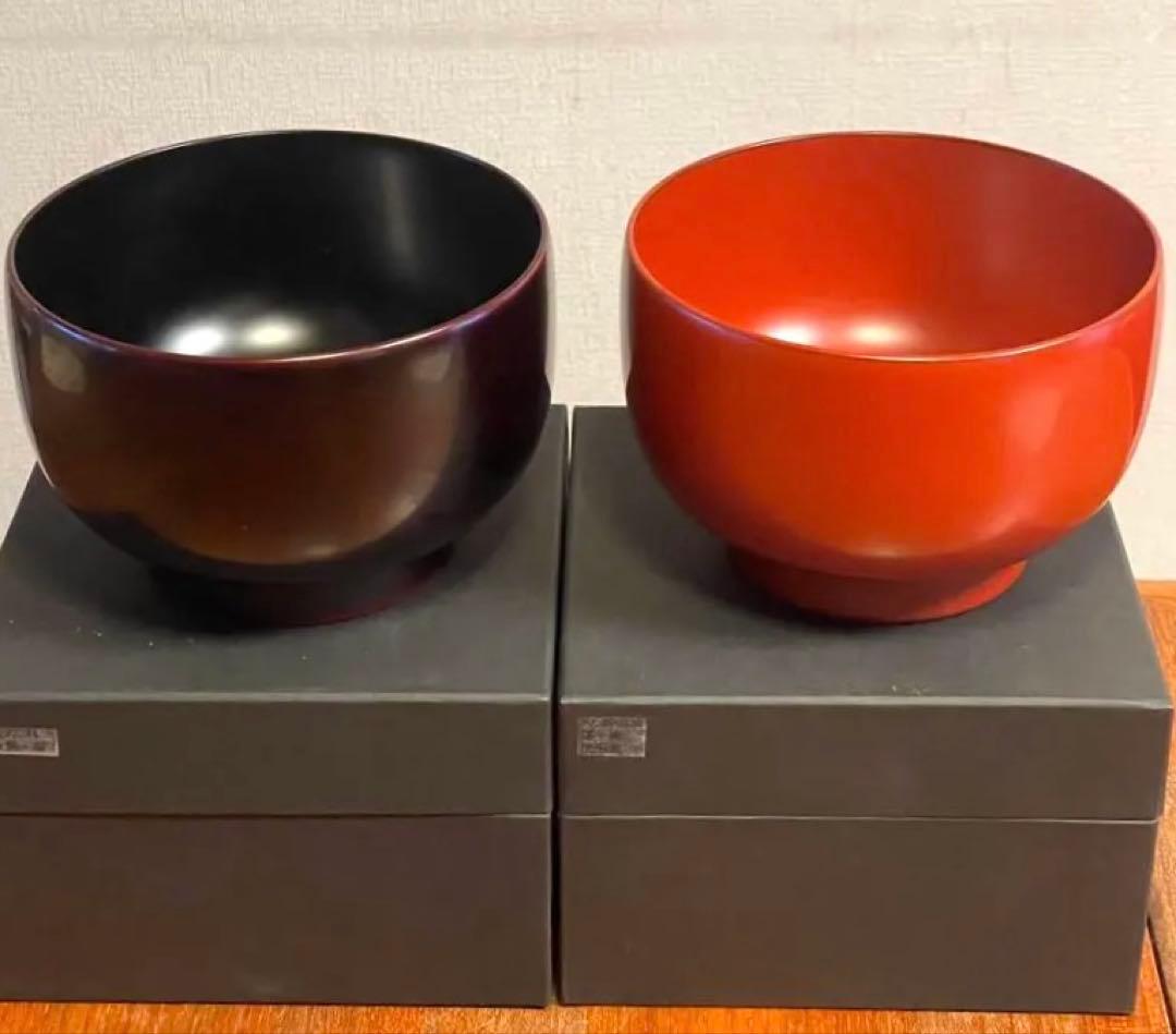 輪島屋善仁　福々椀　洗朱塗 ・溜内黒塗 2個セット