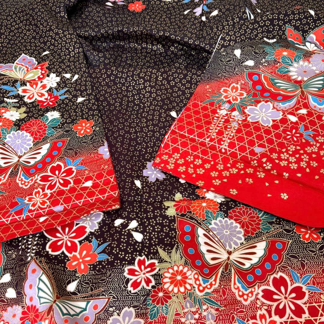 七五三七歳‼豪華絢爛人気黒地蝶々花ラメ金彩金箔煌びやか際立つ❤️完全フルセット