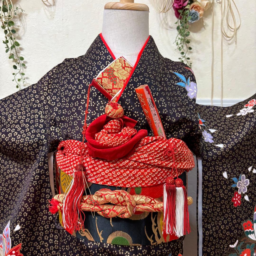 七五三七歳‼豪華絢爛人気黒地蝶々花ラメ金彩金箔煌びやか際立つ❤️完全フルセット