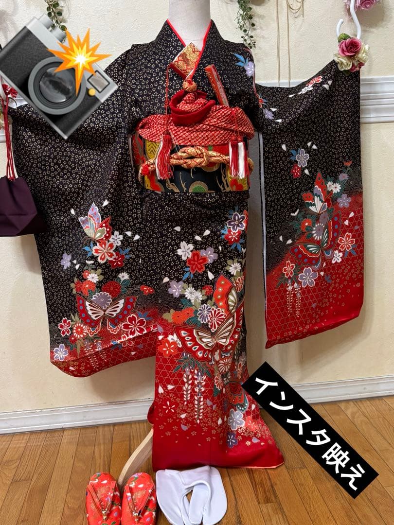 七五三七歳‼豪華絢爛人気黒地蝶々花ラメ金彩金箔煌びやか際立つ❤️完全フルセット