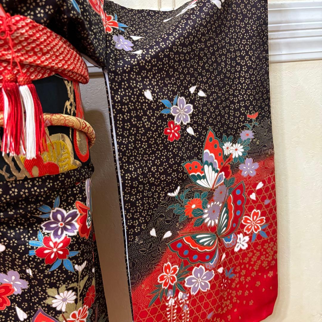 七五三七歳‼豪華絢爛人気黒地蝶々花ラメ金彩金箔煌びやか際立つ❤️完全フルセット