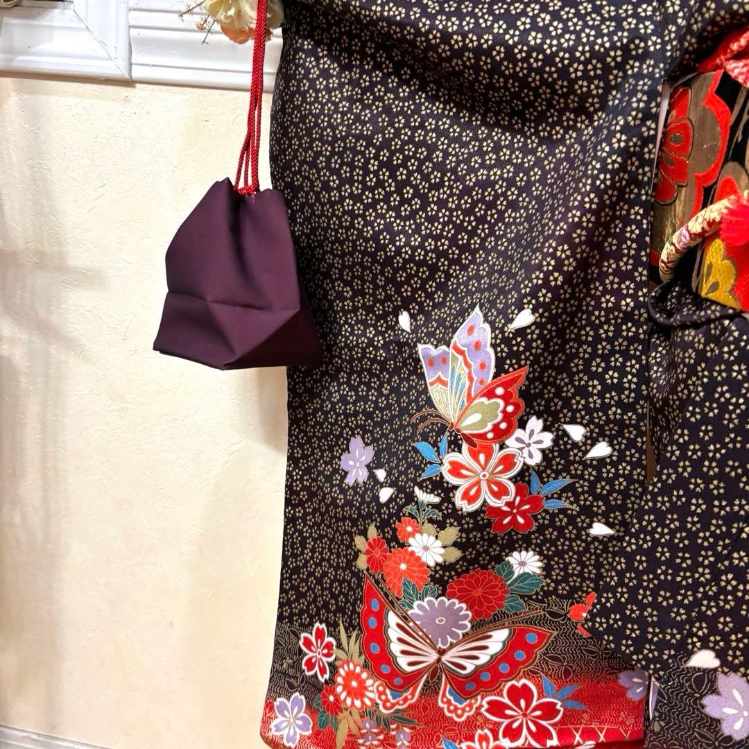 七五三七歳‼豪華絢爛人気黒地蝶々花ラメ金彩金箔煌びやか際立つ❤️完全フルセット