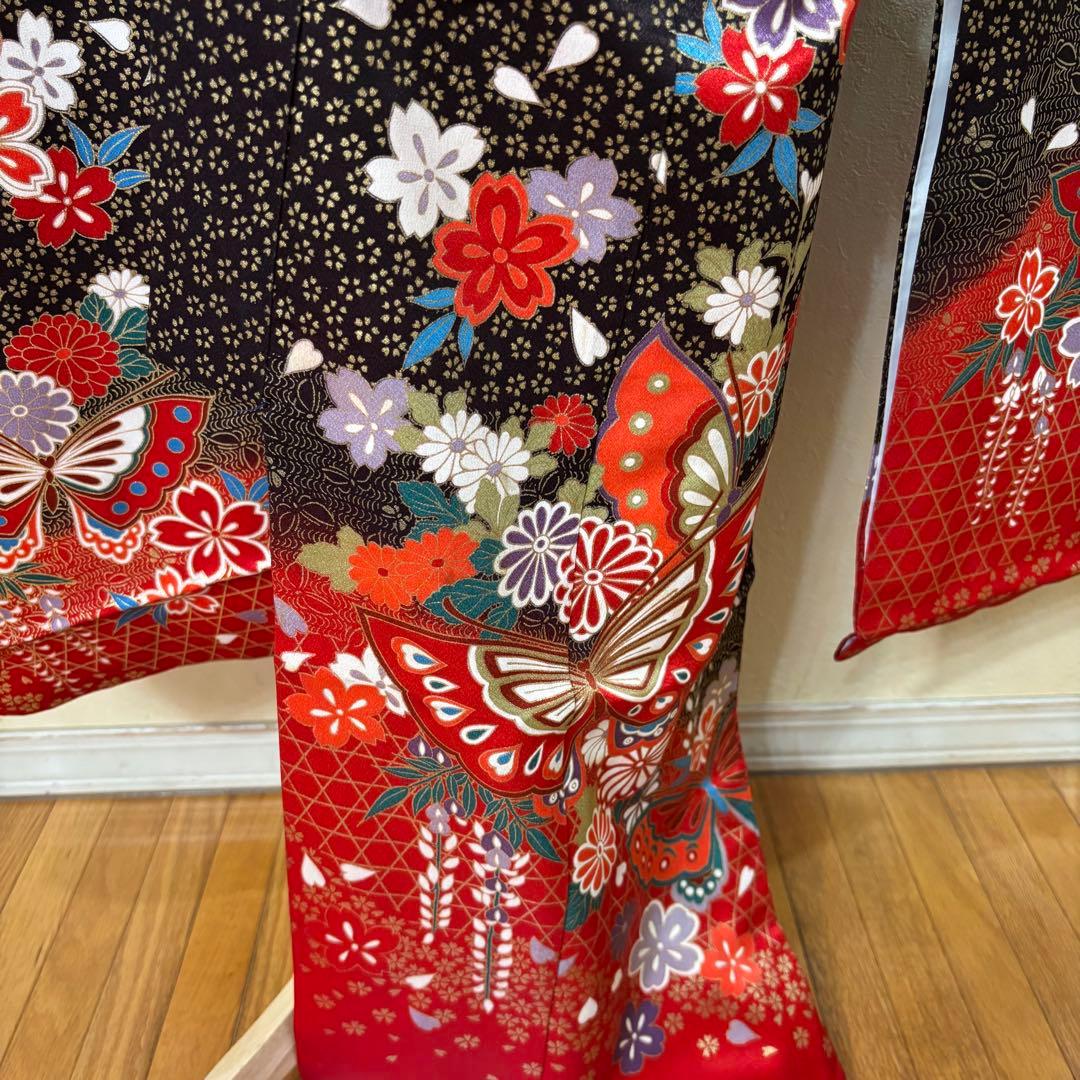 七五三七歳‼豪華絢爛人気黒地蝶々花ラメ金彩金箔煌びやか際立つ❤️完全フルセット