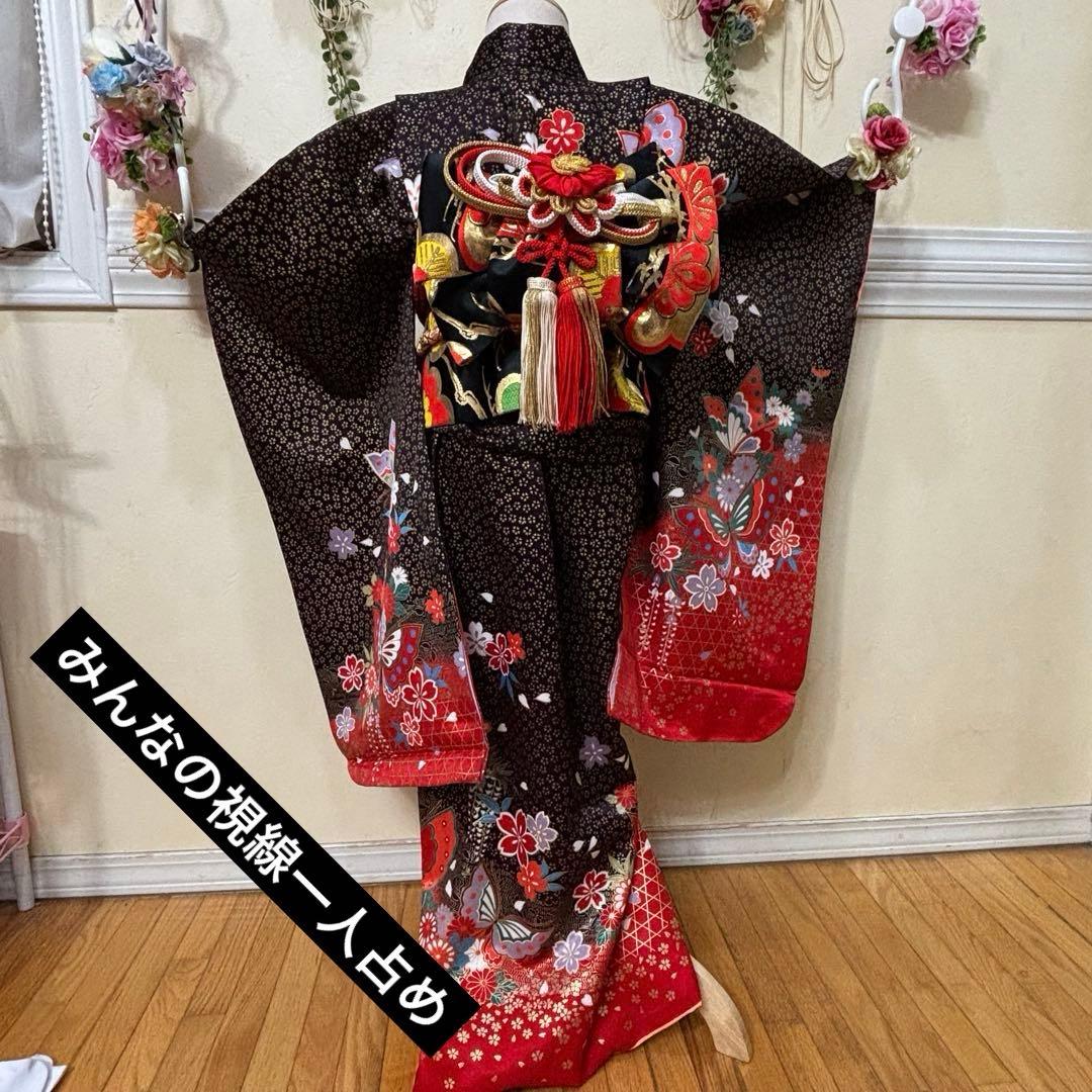 七五三七歳‼豪華絢爛人気黒地蝶々花ラメ金彩金箔煌びやか際立つ❤️完全フルセット