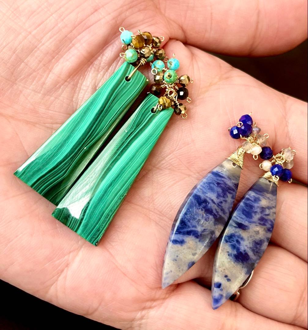 14kgfマラカイトのロングピアスです