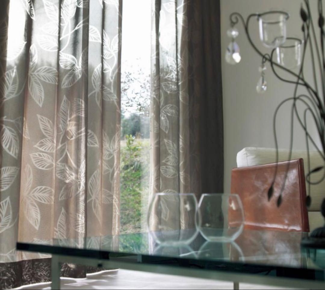 ブラウン葉柄レースカーテン 幅150 丈228