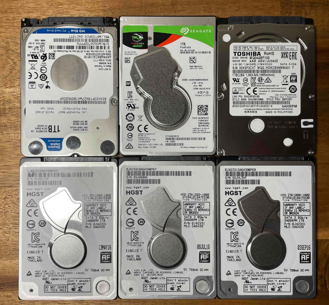 6枚セット 各種メーカー 2.5インチ HDD 1TB 厚さ7mm