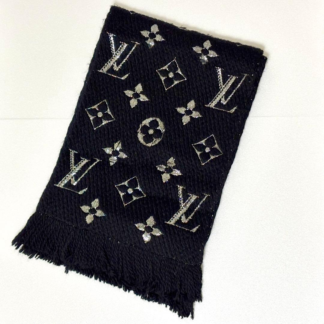 ルイヴィトン モノグラム マフラー ブラック×シルバー フリンジ付き LV