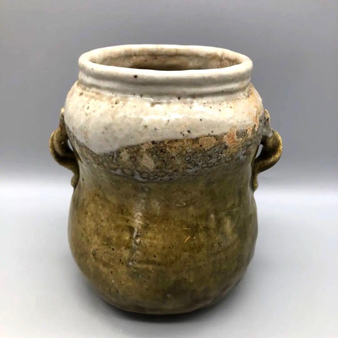 緑褐色壺型耳付き双耳陶器花入れ花瓶フラワーベース伝統工芸アンティーク骨董置物