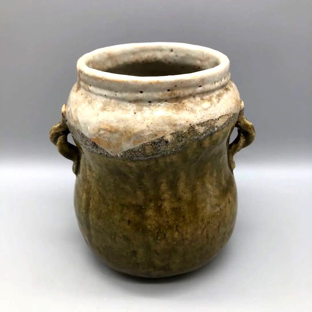 緑褐色壺型耳付き双耳陶器花入れ花瓶フラワーベース伝統工芸アンティーク骨董置物