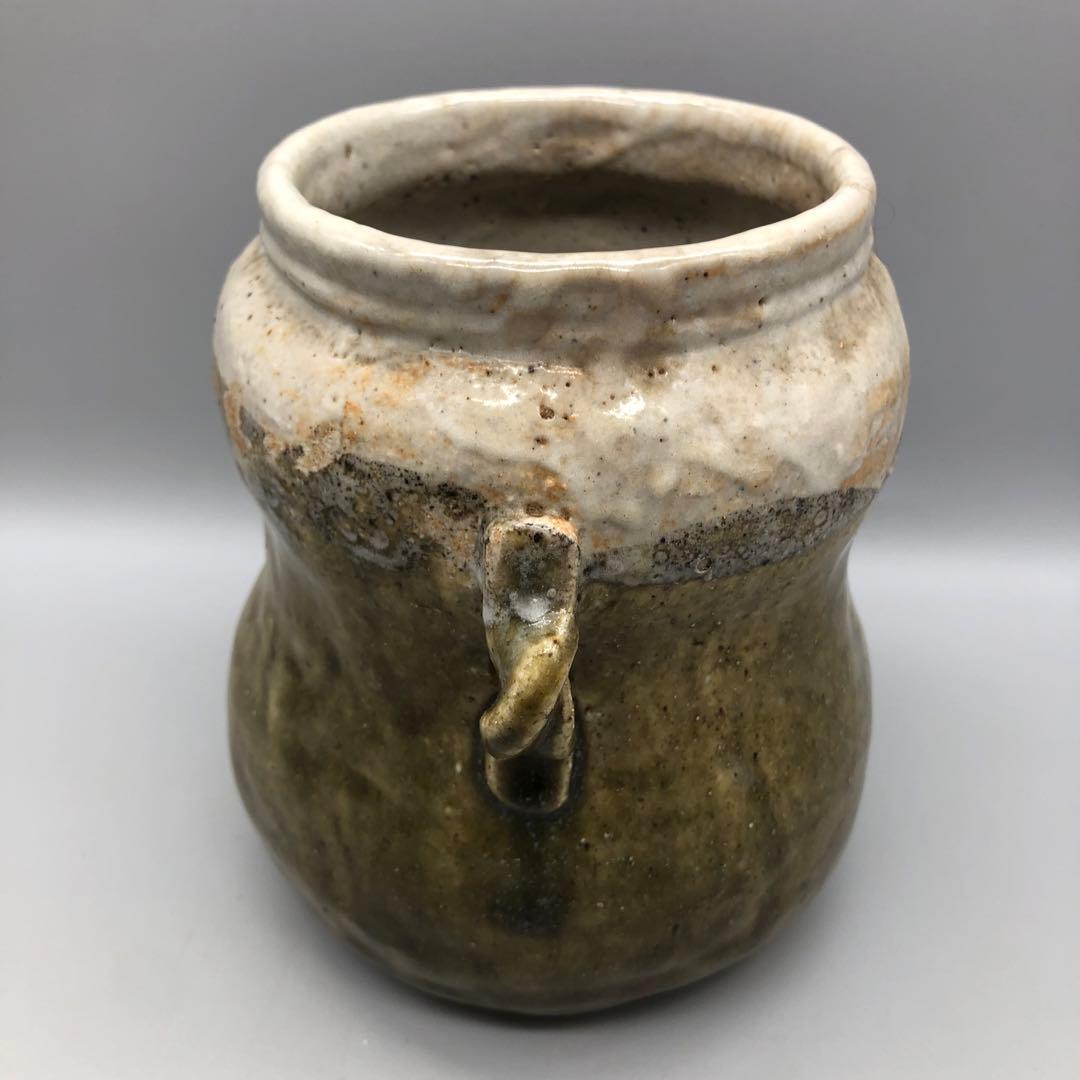 緑褐色壺型耳付き双耳陶器花入れ花瓶フラワーベース伝統工芸アンティーク骨董置物