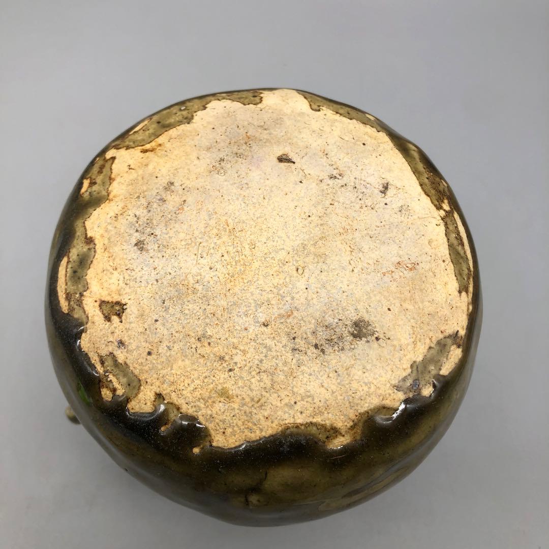 緑褐色壺型耳付き双耳陶器花入れ花瓶フラワーベース伝統工芸アンティーク骨董置物