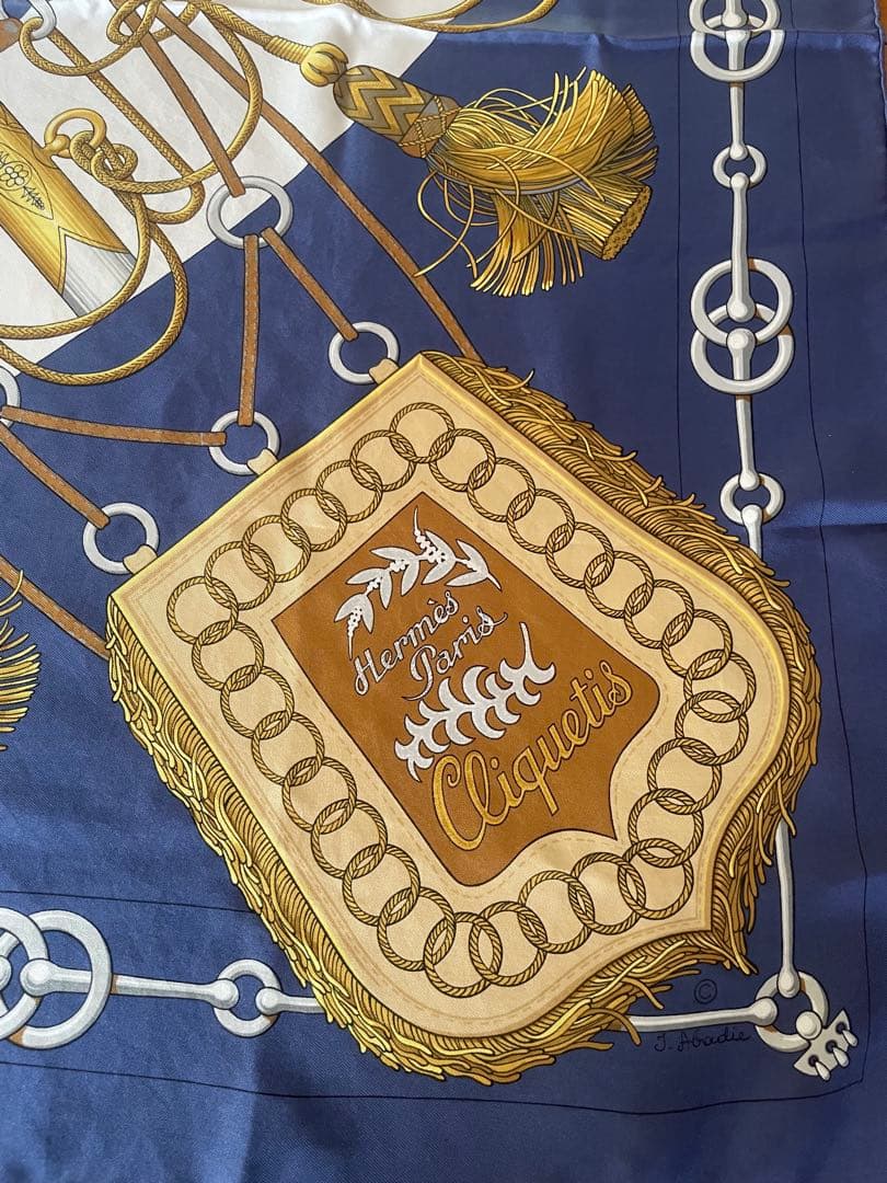 エルメス HERMES カレ90 チェーン タッセル柄 ネイビー×白 シルク