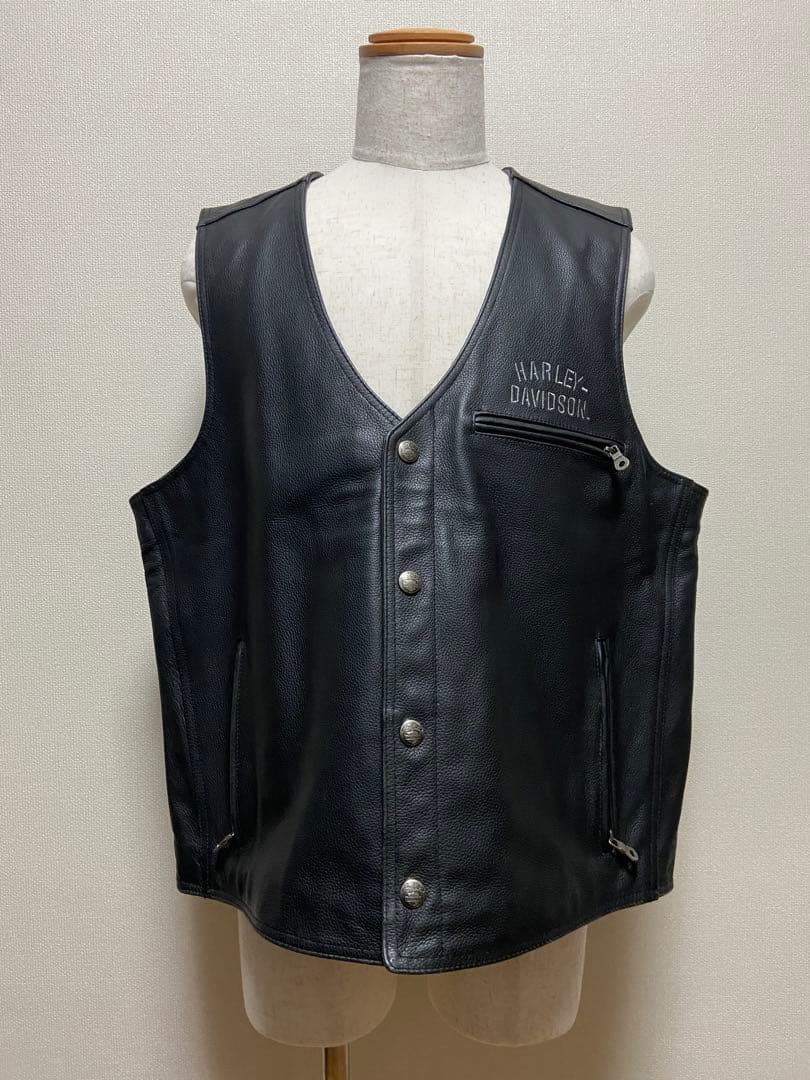 Harley-Davidson Leather Vest 背中刺繍 2XL 黒