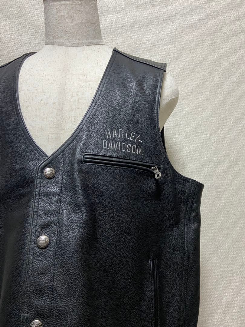 Harley-Davidson Leather Vest 背中刺繍 2XL 黒