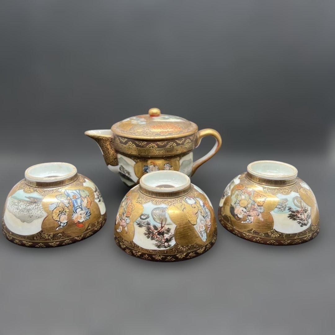 明治時代　金彩山水人物画九谷焼煎茶器セット　宝瓶１点　湯呑み３点まとめて煎茶道具