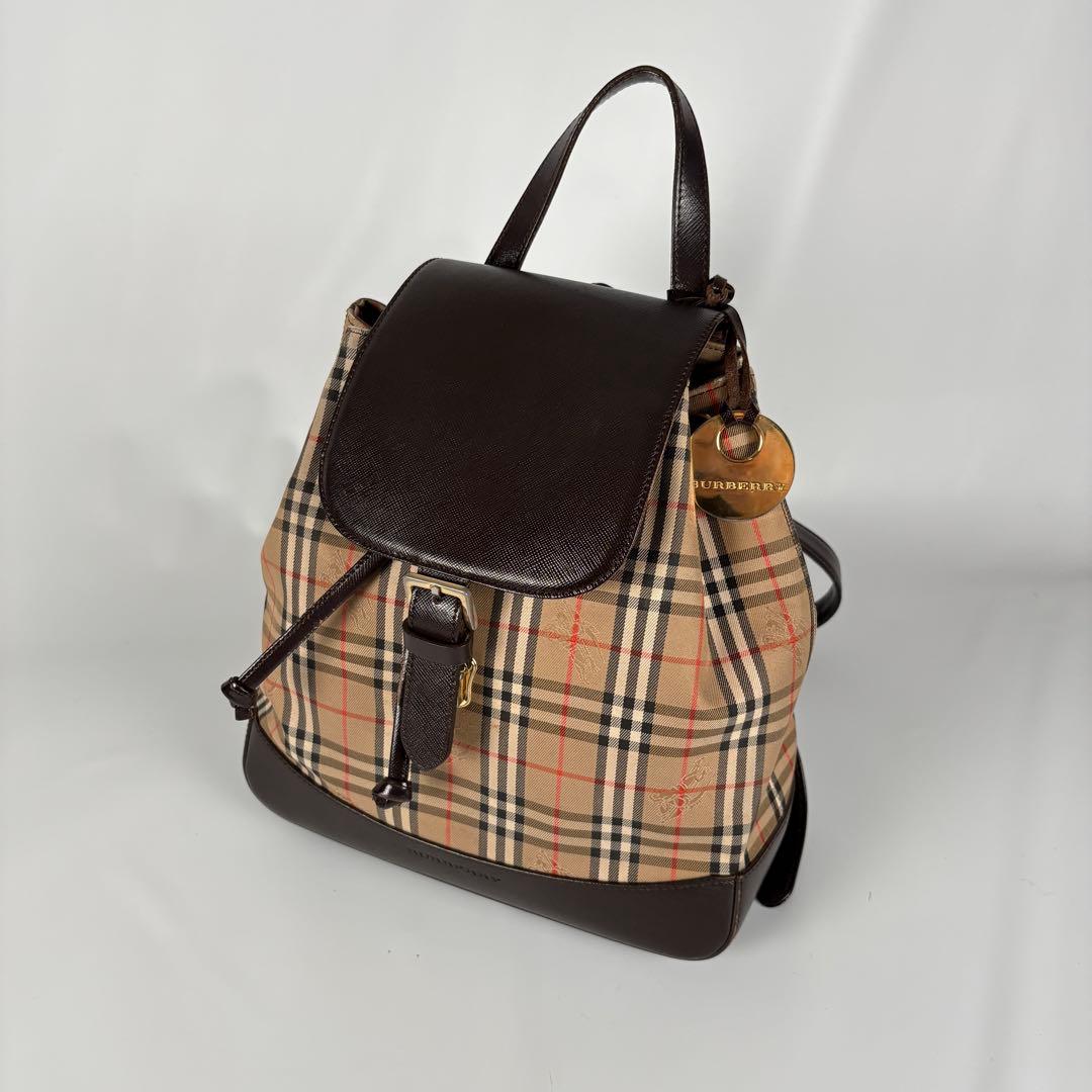 良品　バーバリー リュック 巾着 フラップ ノバチェック シャドーホース