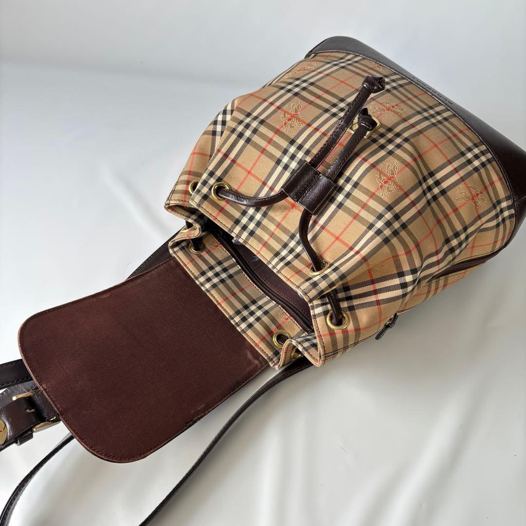 良品　バーバリー リュック 巾着 フラップ ノバチェック シャドーホース