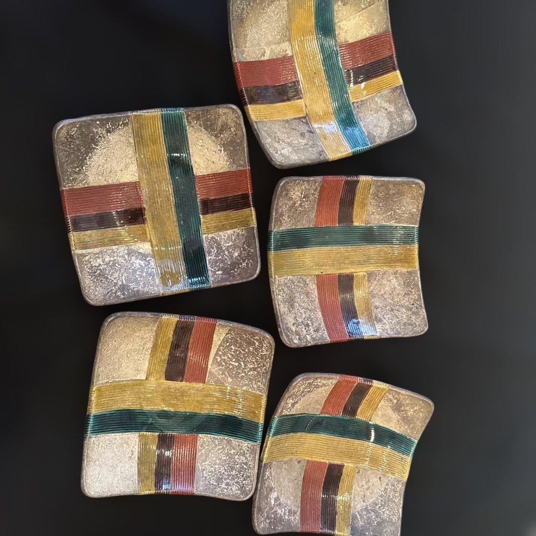 希少美品　魯山人写 美食道楽 和食器揃え 祥山 色絵銀彩糸巻文四方皿5枚セット