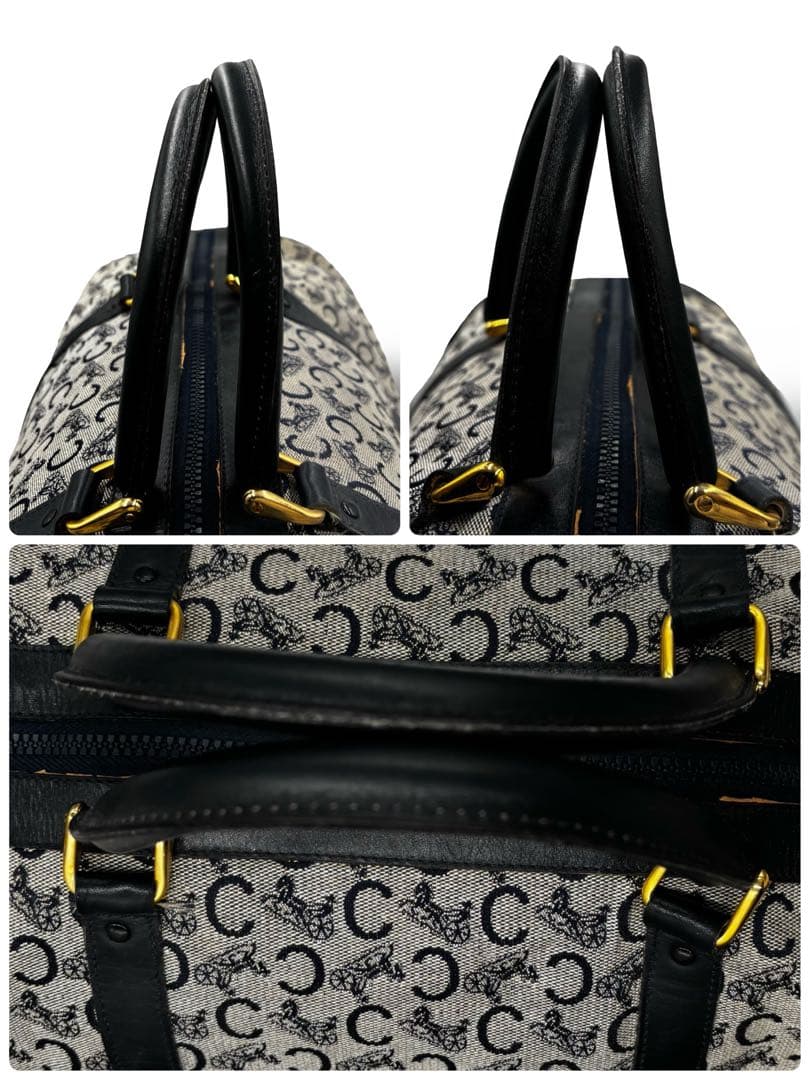 【良品】セリーヌ　ボストンバッグ　マカダム柄　レザー　キャンバス　トラベル　黒