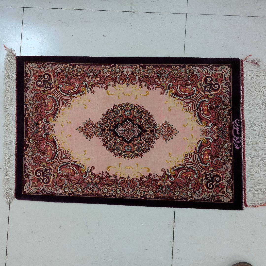約60x40cmペルシャ絹ミニマット(63)クム産・玄関・