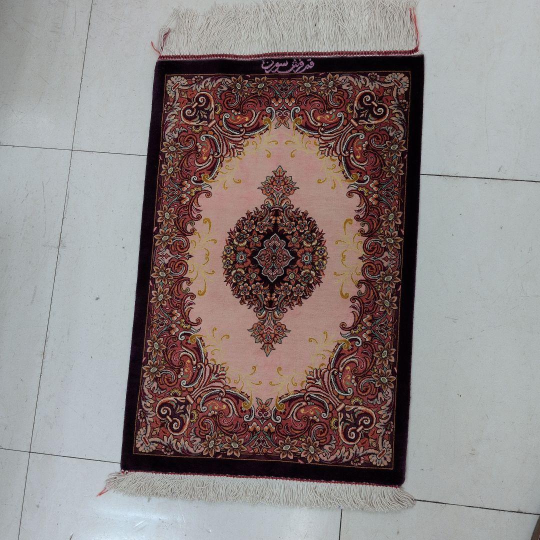 約60x40cmペルシャ絹ミニマット(63)クム産・玄関・