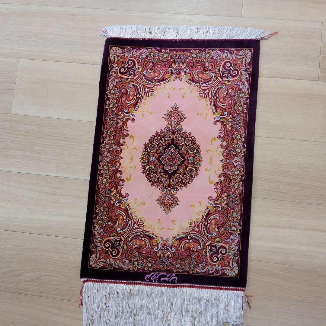 約60x40cmペルシャ絹ミニマット(63)クム産・玄関・