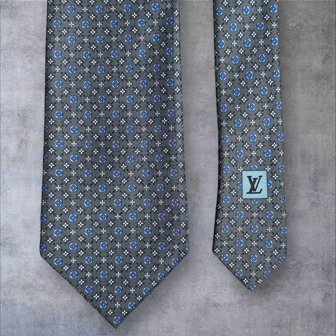 美品　LOUIS VUITTON ネクタイ　モノグラム　グレー　ブルー