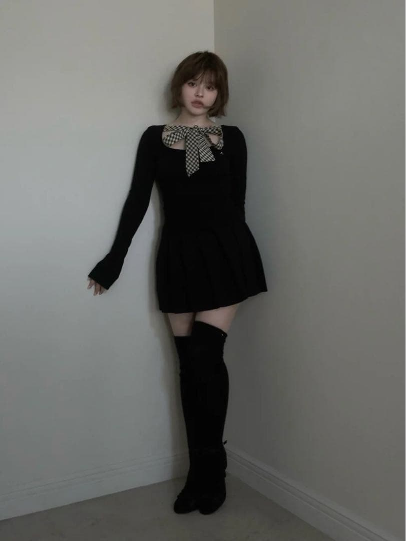 Ami ribbon check tops ブラック