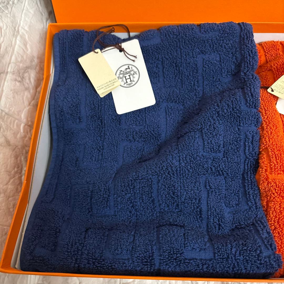 美品　HERMES エルメス タオル2セット　オレンジ&ブルー　箱付き