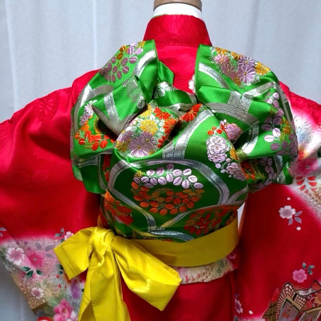 七五三　女の子　７歳　正絹着物　長襦袢　袋帯　御所車花文　暈し染め　金彩　逸品