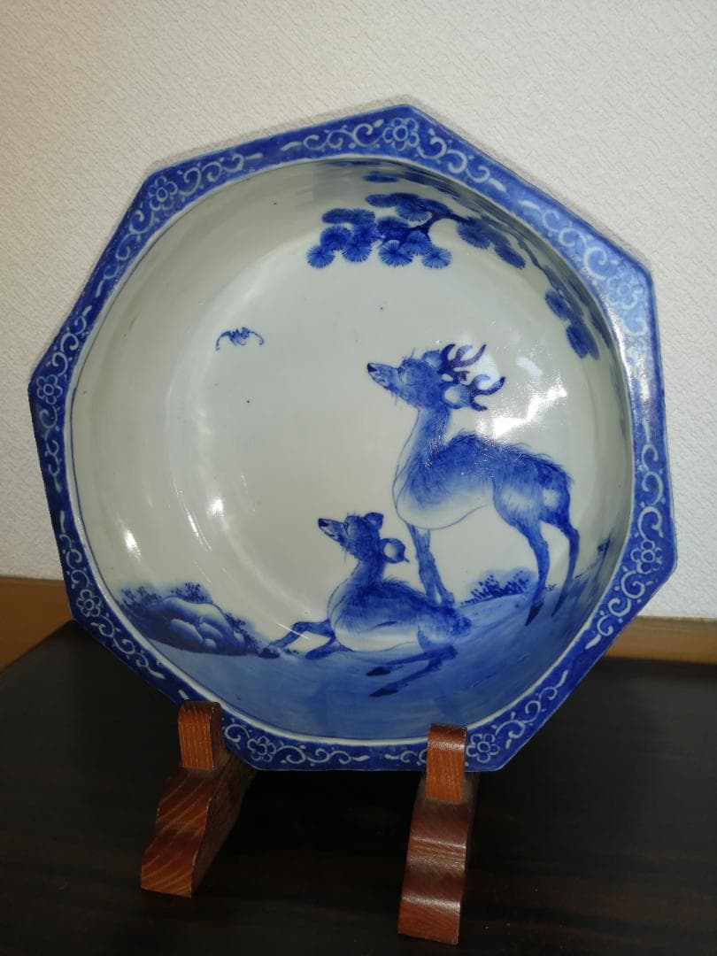 ⑰古伊万里染付八角の鉢　鹿とコウモリの図　美品