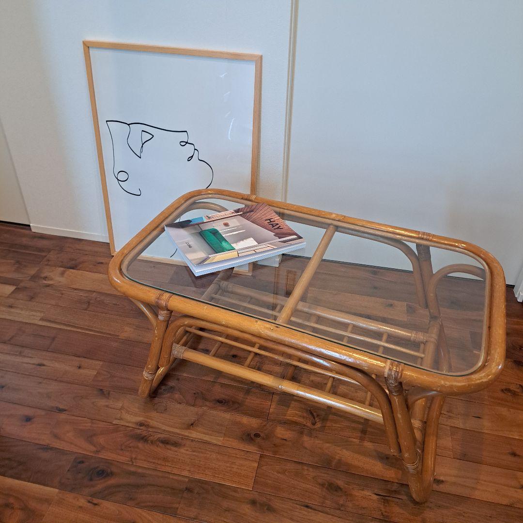 ナチュラル天然素材　ガラス天板×籐ラタンフレーム センターテーブル 籐家具