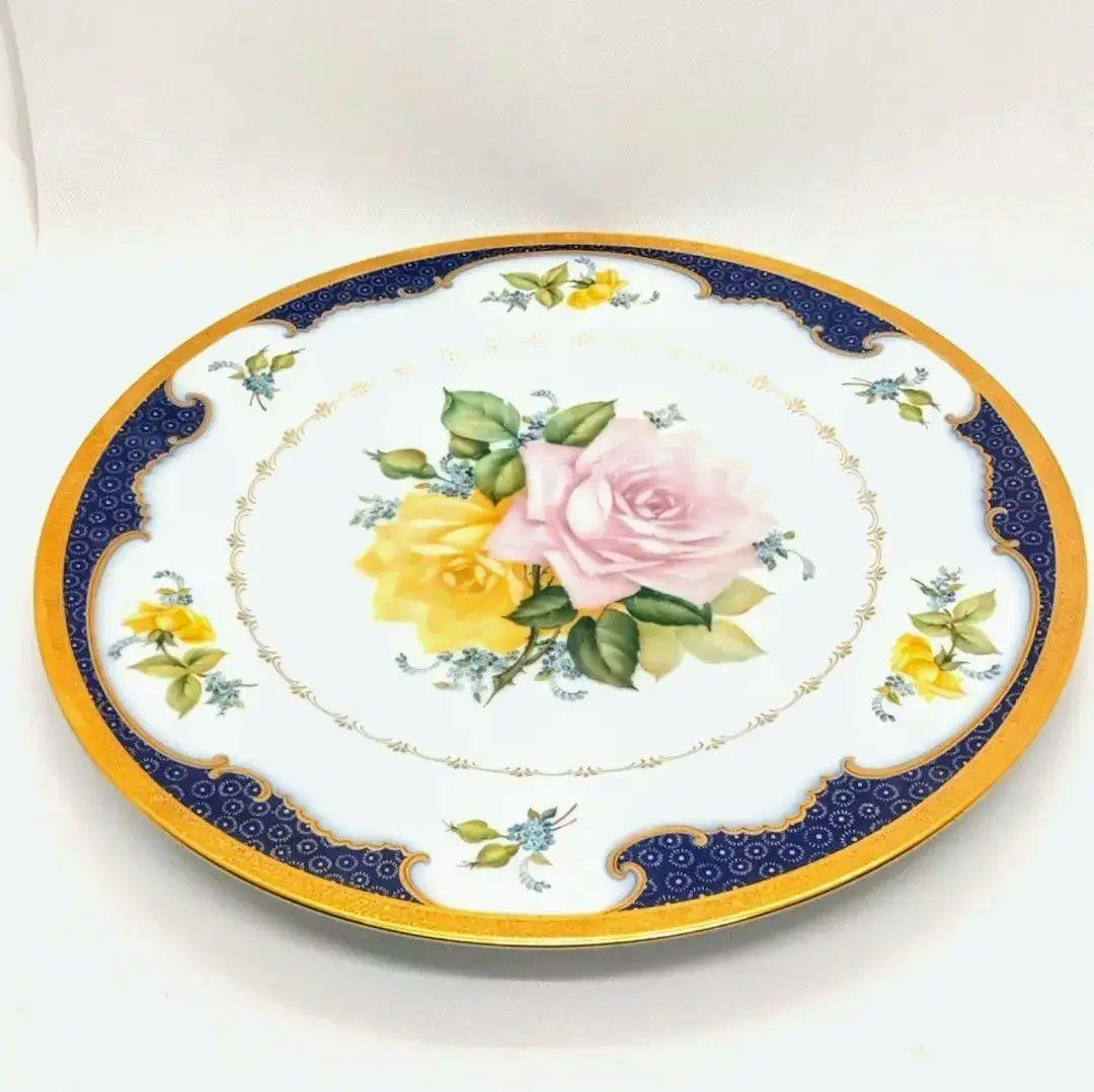 ☆美品手描き☆大倉陶園 ばらルリ金彩飾り皿 67h/9466(青)