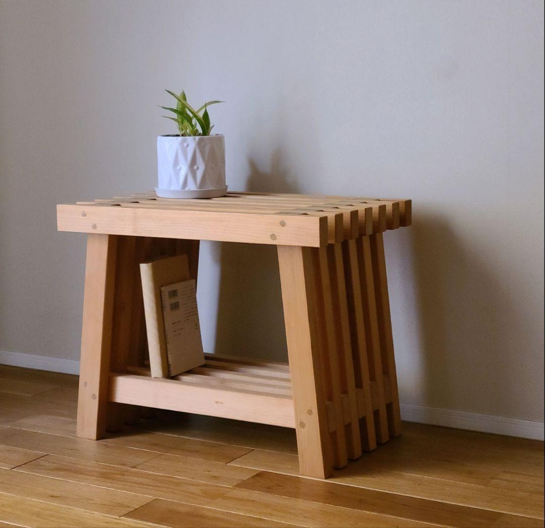 木製スラットデザインテーブル　格子　日本製　職人　サイドテーブル　花台　スツール