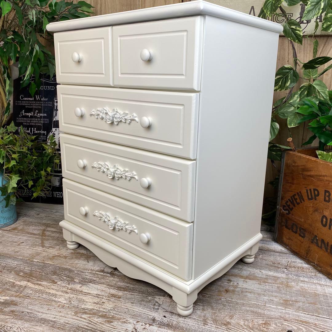 訳あり品【137】フレンチカントリー調ホワイトチェスト四段五つ引き木製タンス収納