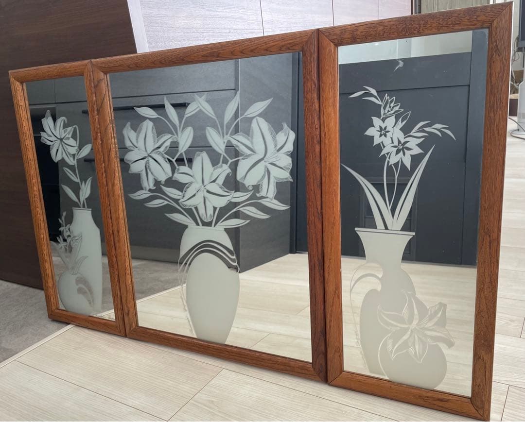 木製フレームミラー3連(フラワーモチーフ)