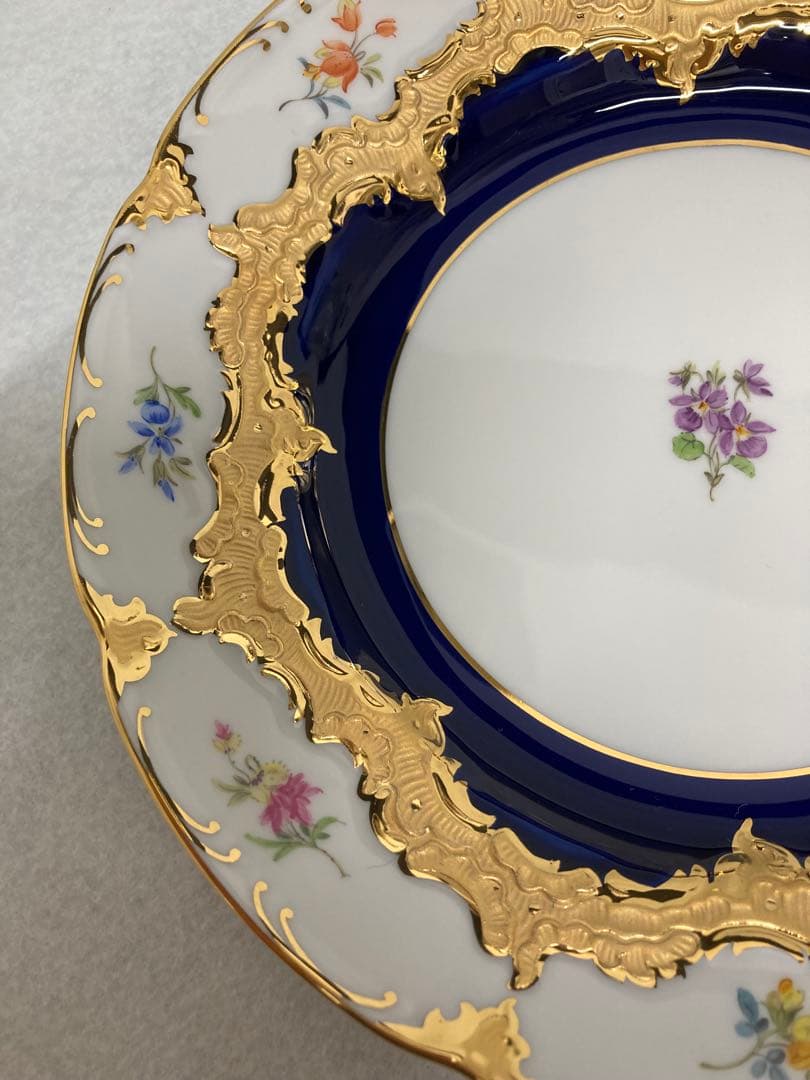 【新品未使用】Meissen 金彩×花柄 コバルト装飾皿2枚