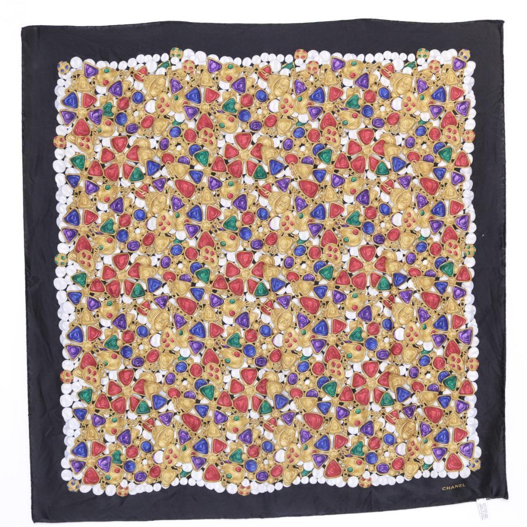 CHANEL グリポワ柄　シルク　スカーフ　ビジュー　大判　ストール　ココマーク
