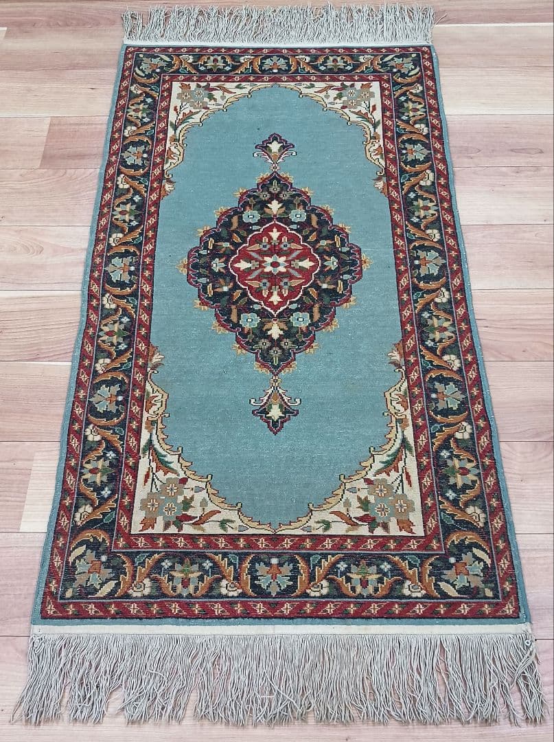 Y3318 インド カシミールウール 手織り絨毯 オールド 129×69㎝