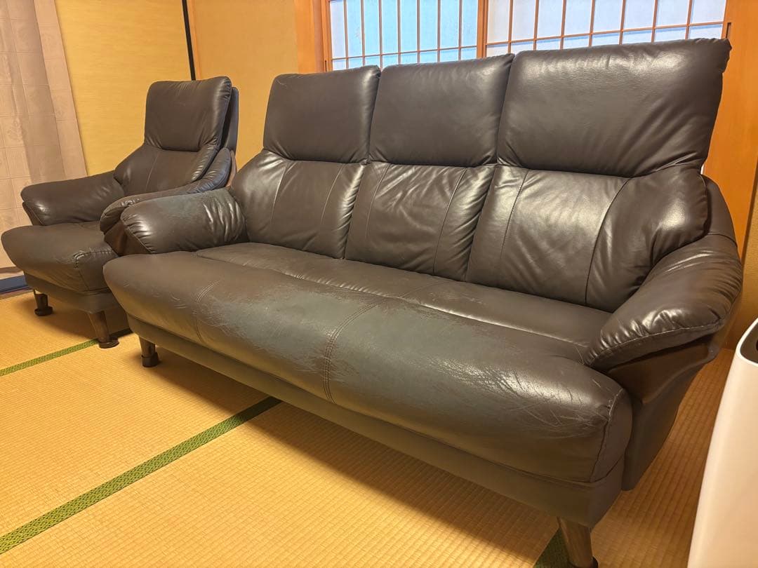 ダークブラウン3人掛けソファ+1人掛けソファセット　送料無料