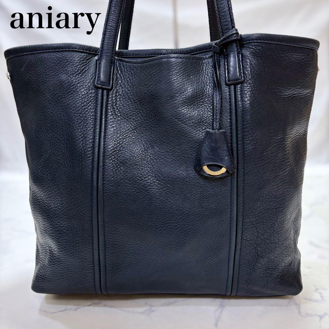 美品 aniary アニアリ トートバッグ シボ革 レザー ネイビー A4収納