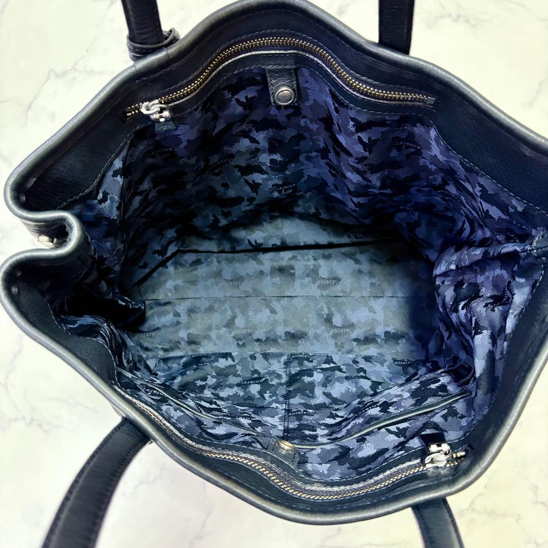 美品 aniary アニアリ トートバッグ シボ革 レザー ネイビー A4収納