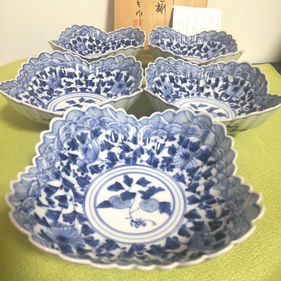 山本長左 九谷焼 向付 波文 唐草 鉢 5枚 箱付