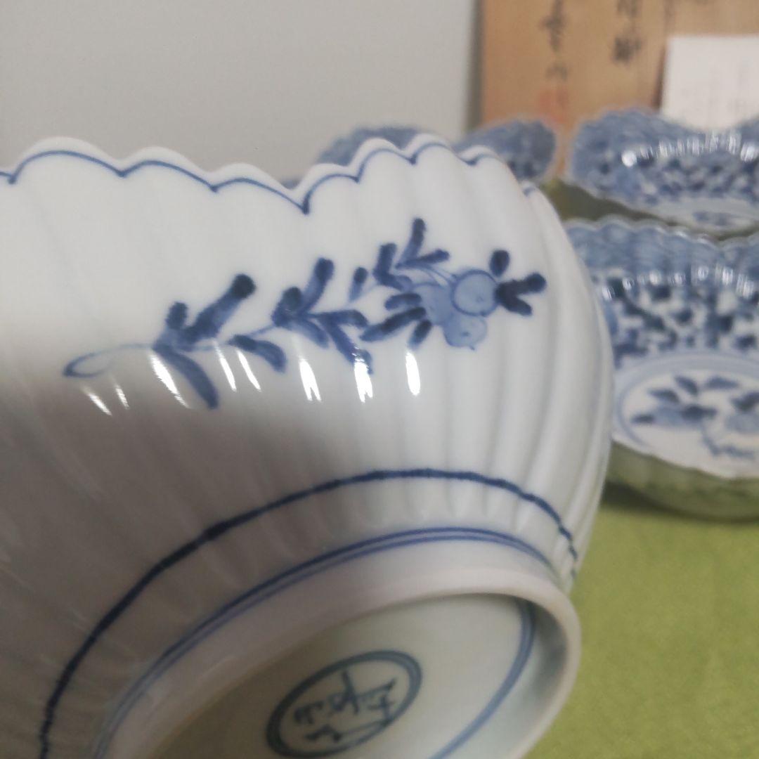 山本長左 九谷焼 向付 波文 唐草 鉢 5枚 箱付