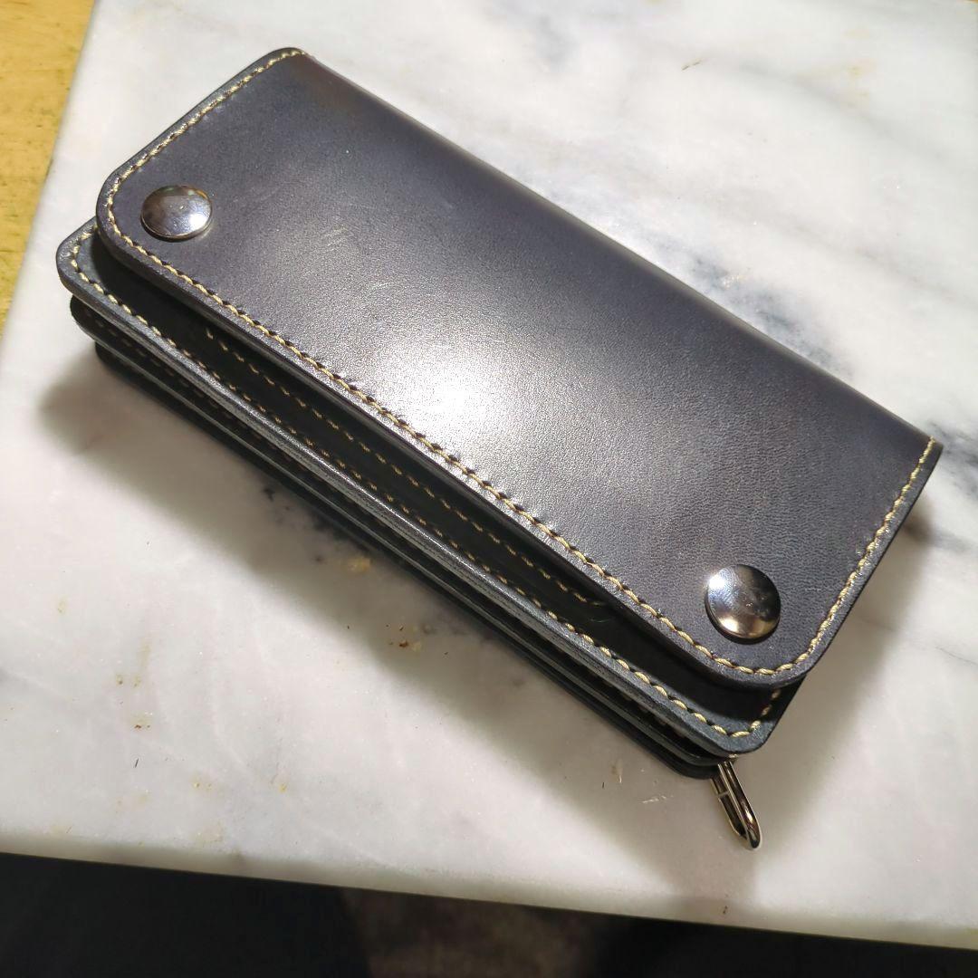 姫路ヌメ革 トラッカーウォレット ハンドメイド 長財布 ロングウォレット 黒