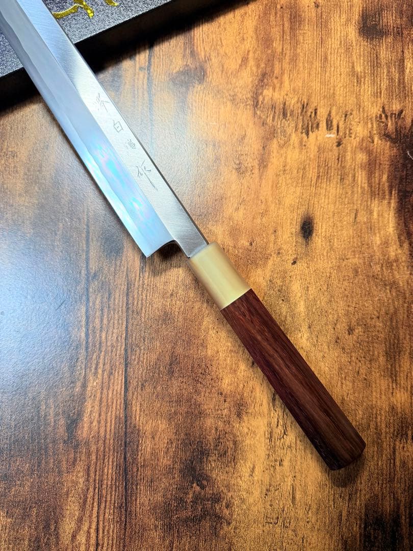 【堺打刃物】左用　刺身 柳刃 包丁　白鋼　尺一　紫檀水牛八角柄