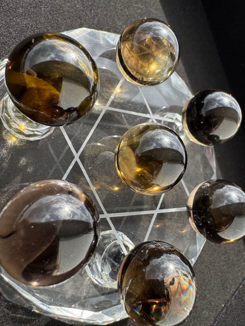 スフィア　スモーキークォーツ　丸玉　七星陣　　七星陣セット　台座直径100mm