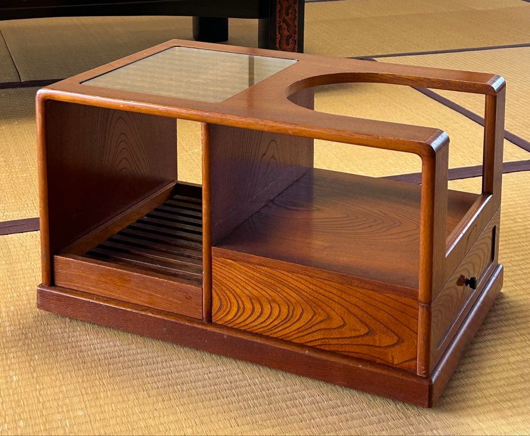 和風ワゴン お座敷ワゴン けやき ガラス天板付き座卓 キャスター付き